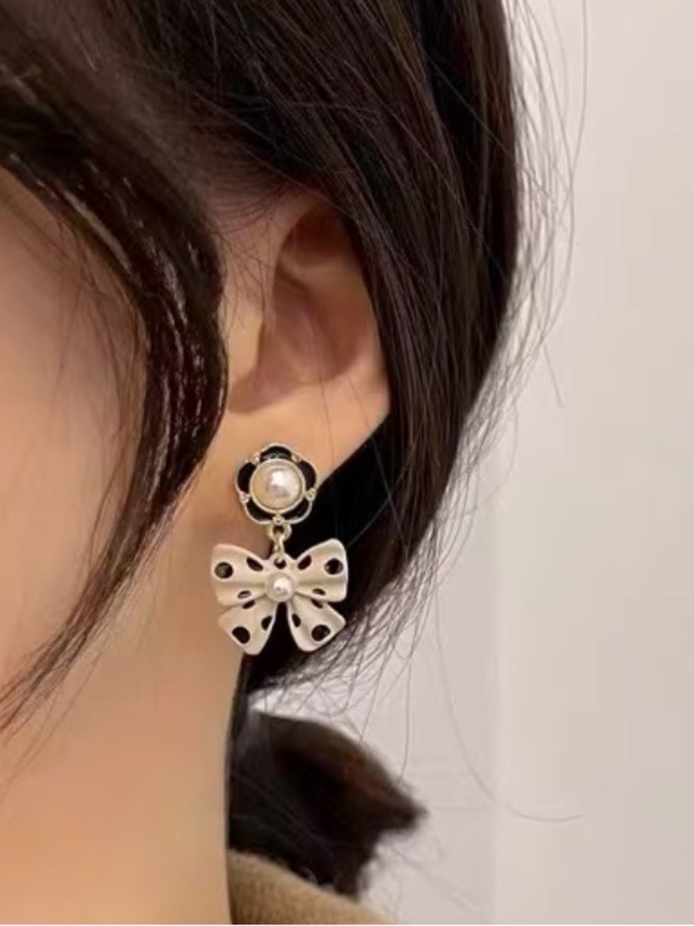 Silver Bow Drop Earrings with Pearl Accent - Women Jewelry White Black